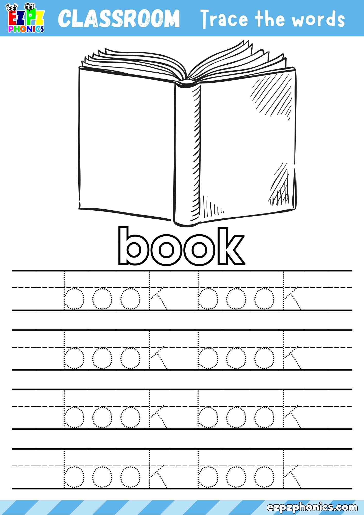 Book - Classroom Objects Vocabulary Word Tracing Activity - Color the Book and Trace the Word Book (Free PDF Download)